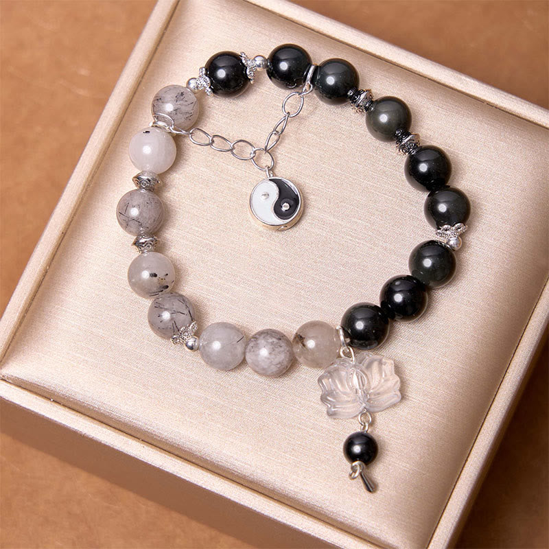 Silver Sheen Obsidian Crackle Clear Quartz Black Rutilated Quartz Yin Yang Lotus Protection Bracelet - Image 14