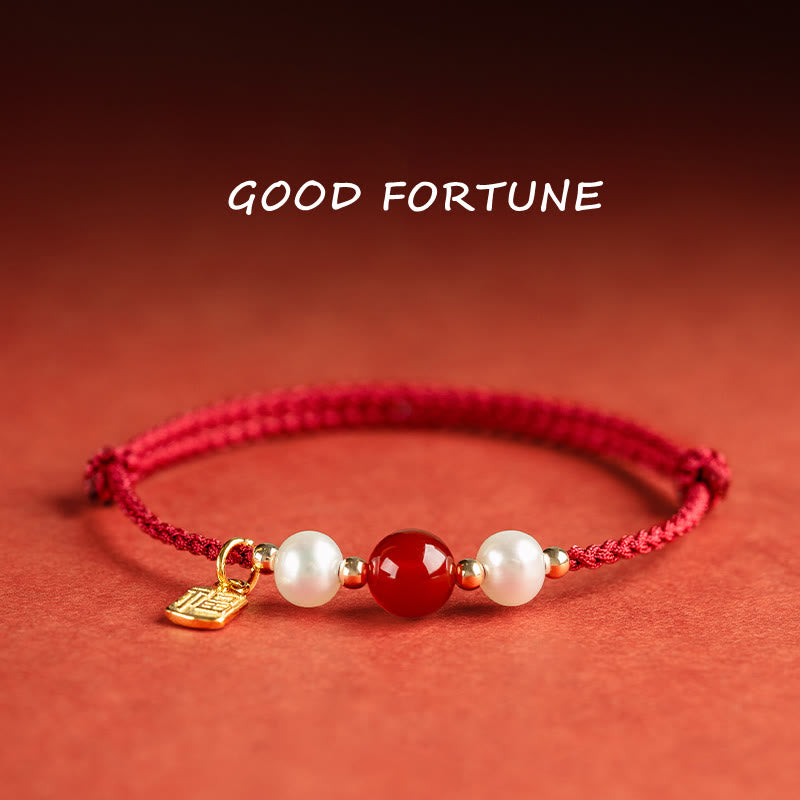 925 Sterling Silver Good Fortune Fu Character Agate Pearl Red String Braid Bracelet