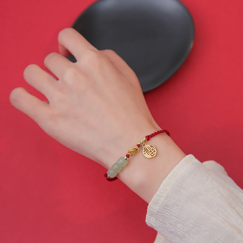 Handcrafted Jade Bead Fu Character Charm Luck Red Rope Bracelet - Image 5