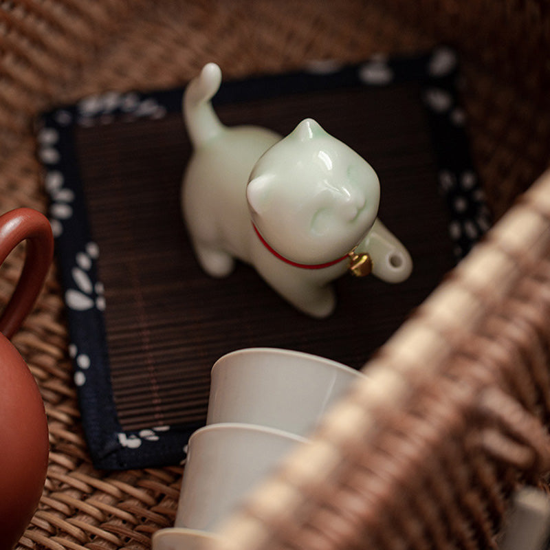 Mini Lucky Cat Kitten Tea Pet Ceramic Home Desk Figurine Decoration With Bamboo Mat - Image 16
