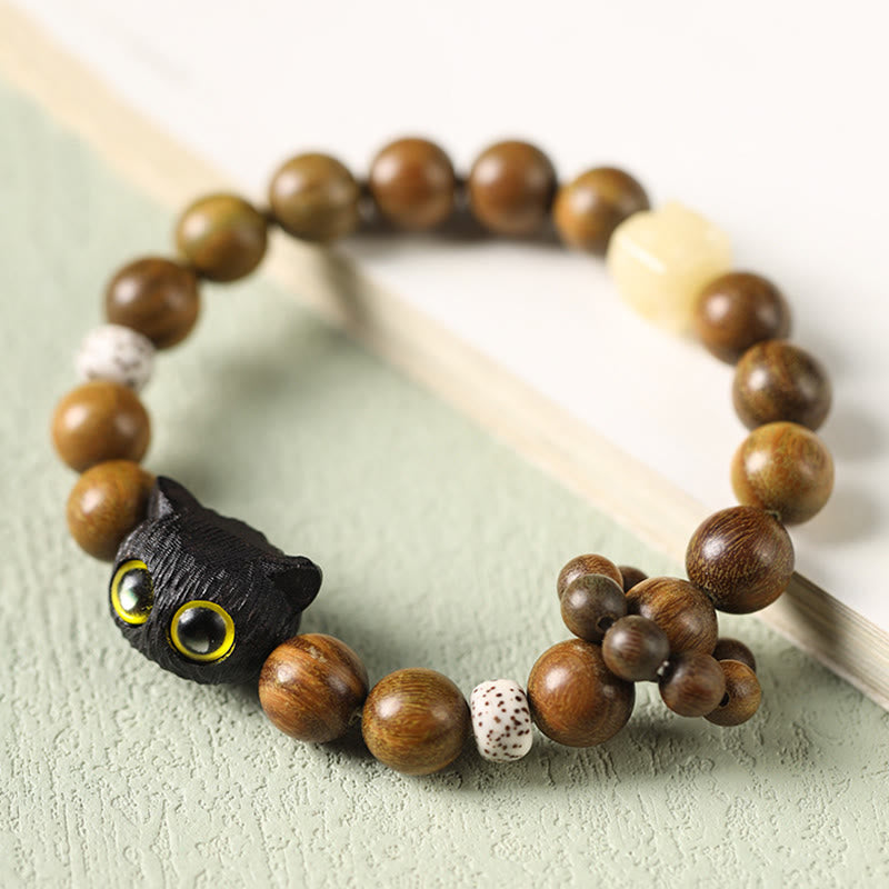 Green Sandalwood Ebony Wood Cat Peace Soothing Bracelet