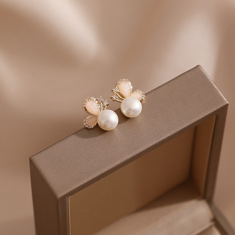 18k Gold Plated Pearl Butterfly Love Freedom Stud Earrings