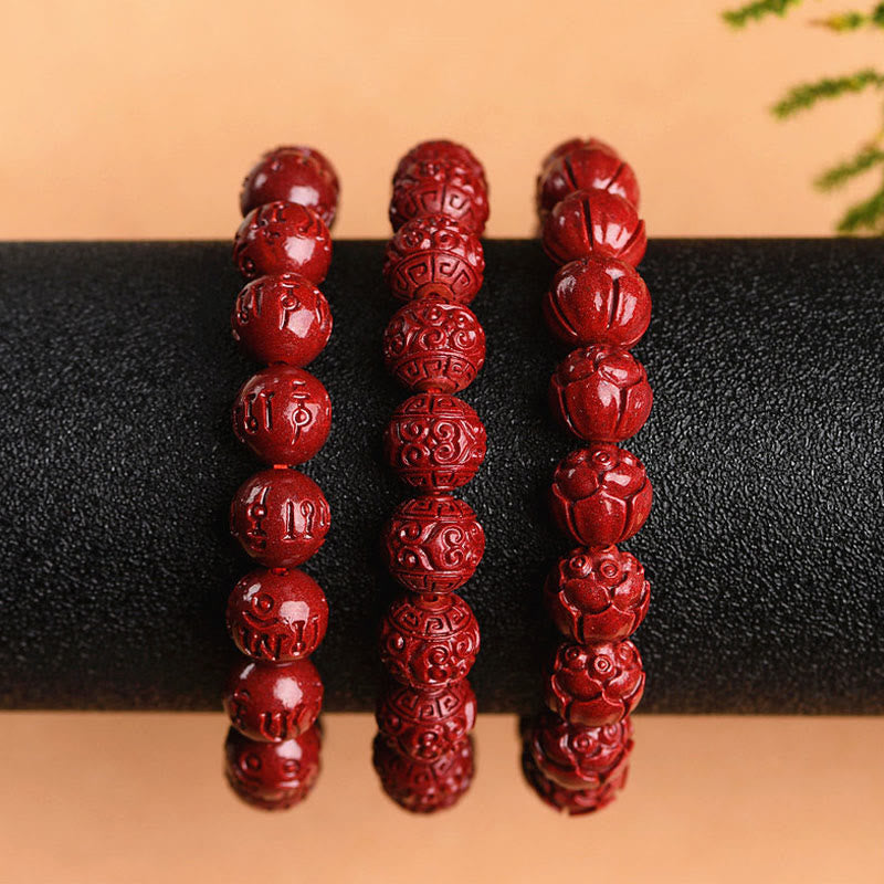 Natural Cinnabar Om Mani Padme Hum Fret Pattern Lotus Blessing Bracelet - Image 11