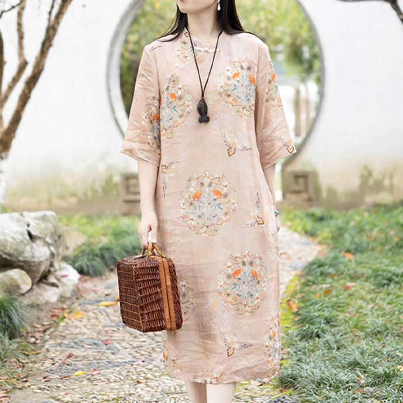 Orange Flower Bird Print Cheongsam Midi Dress Cotton Linen Half Sleeve Dress With Pockets