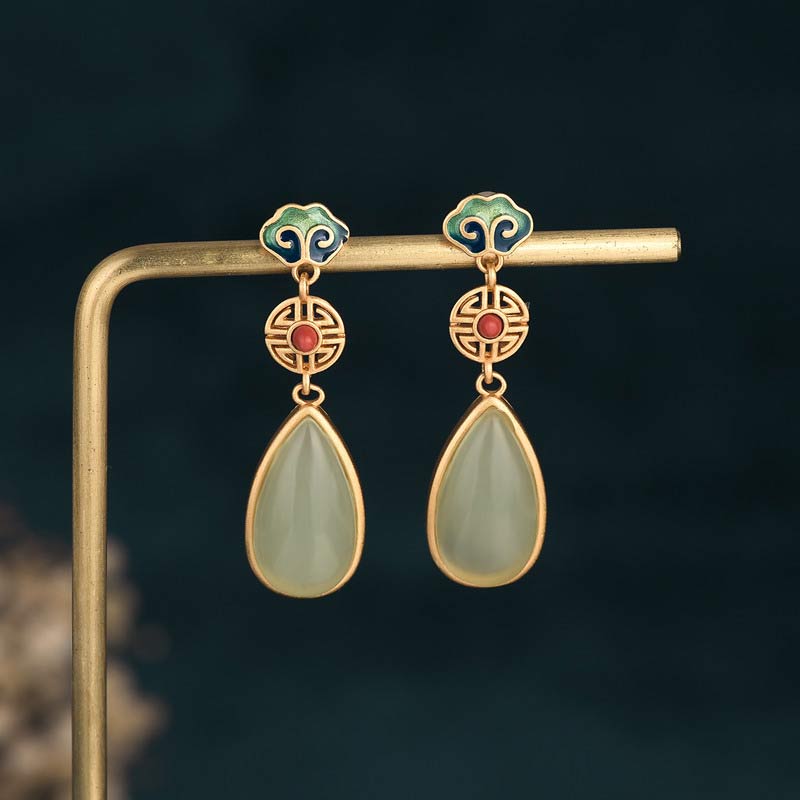 FengShui Jade Double Happiness Fortune Earrings