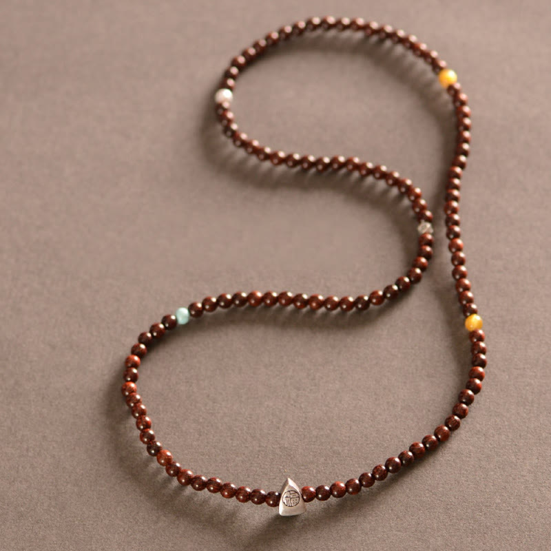 925 Sterling Silver Indian Small Leaf Red Sandalwood Fu Character Protection Triple Wrap Bracelet - Image 12