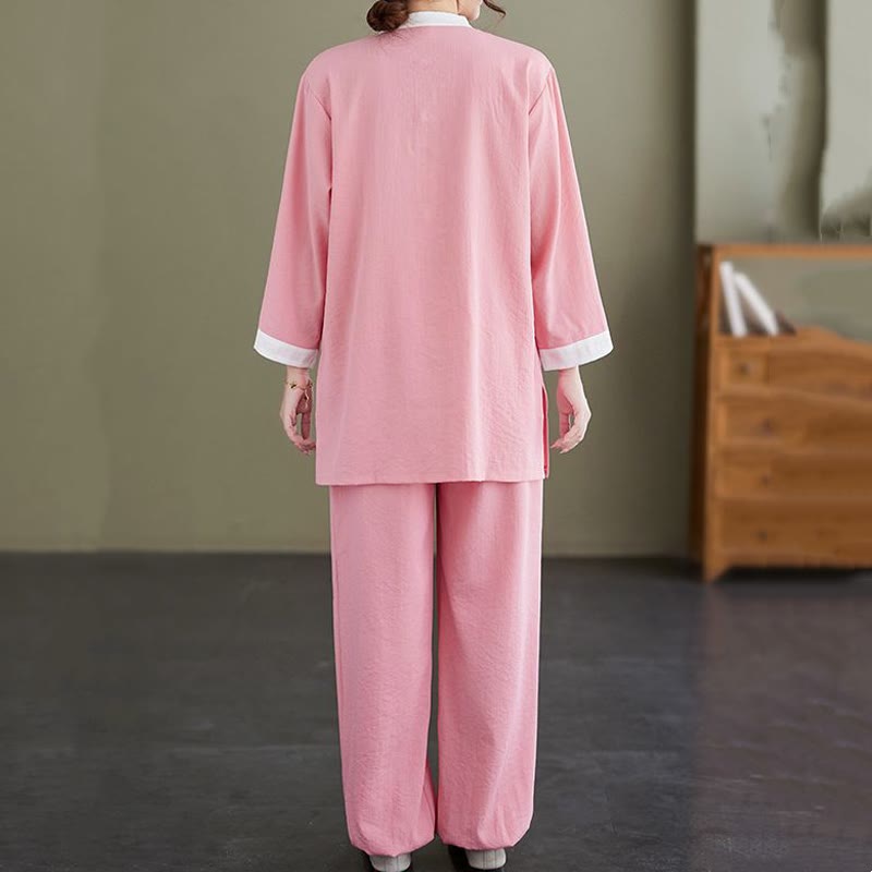 2Pcs Vintage Long Sleeve Shirt Top Pants Meditation Zen Tai Chi Cotton Linen Clothing Women's Set - Image 4