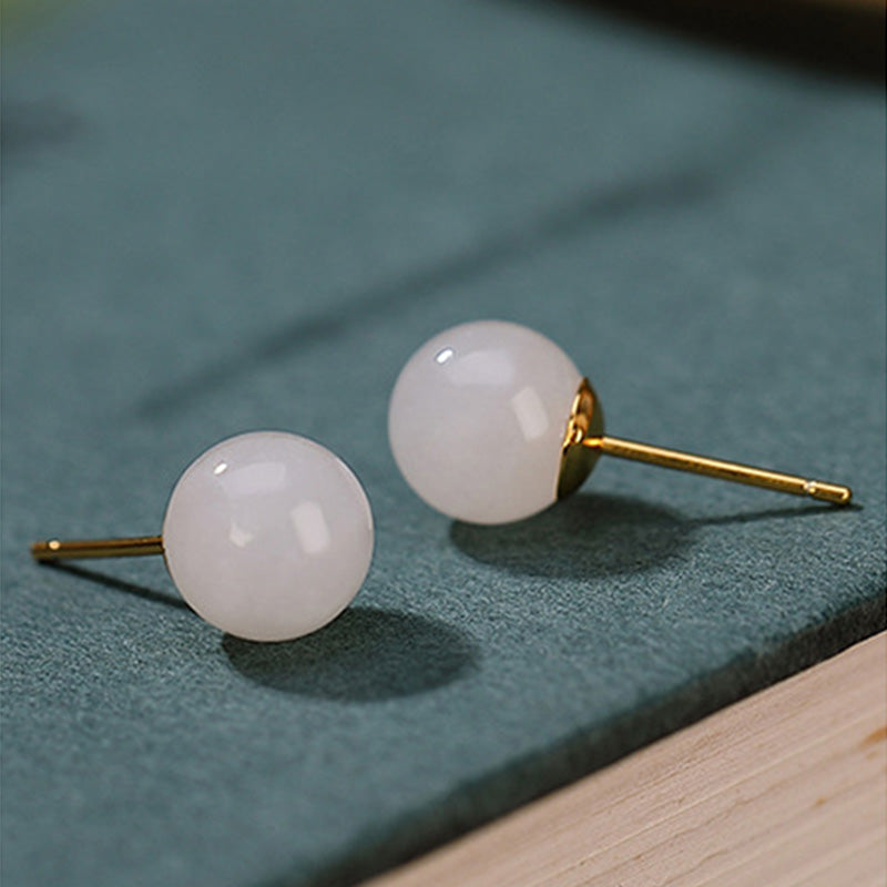 925 Sterling Silver Round White Jade Blessing Stud Earrings - Image 12