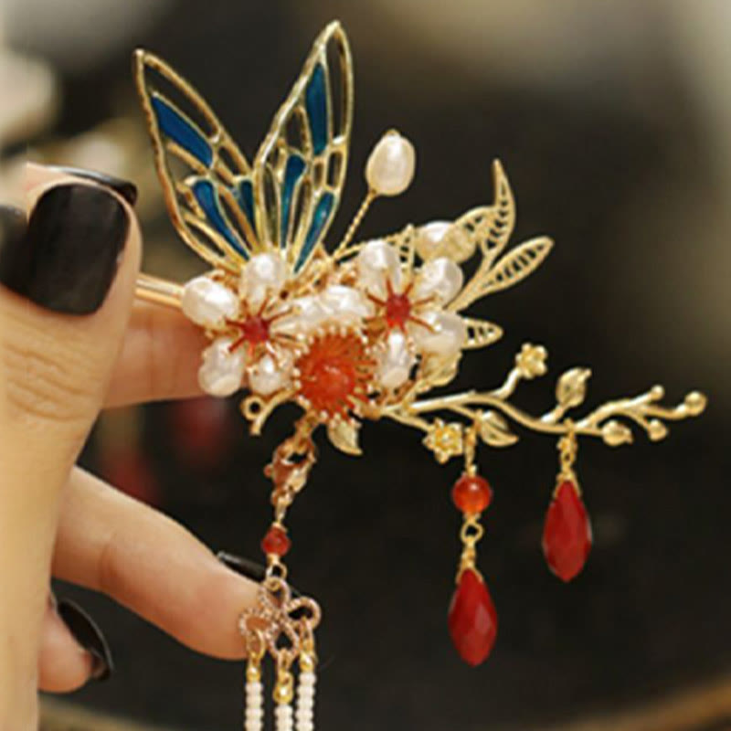 Classical Chinese Style Flower Branche Butterfly Pearl Tassel Hair Clip Hair Comb Hair Crown - Image 6