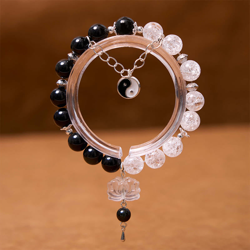 Silver Sheen Obsidian Crackle Clear Quartz Black Rutilated Quartz Yin Yang Lotus Protection Bracelet - Image 8
