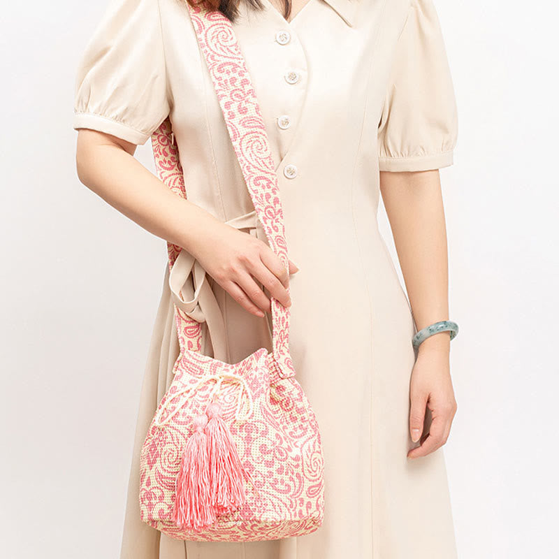 Colorful Geometry Flowers Print Canvas Bucket Crossbody Bag Shoulder Bag - Image 26