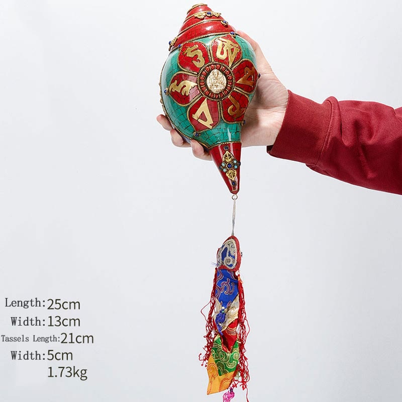 Tibetan Handmade Shankha Om Mani Padme Hum Buddha Avalokitesvara Turquoise Conch Shell Positive Decoration - Image 27
