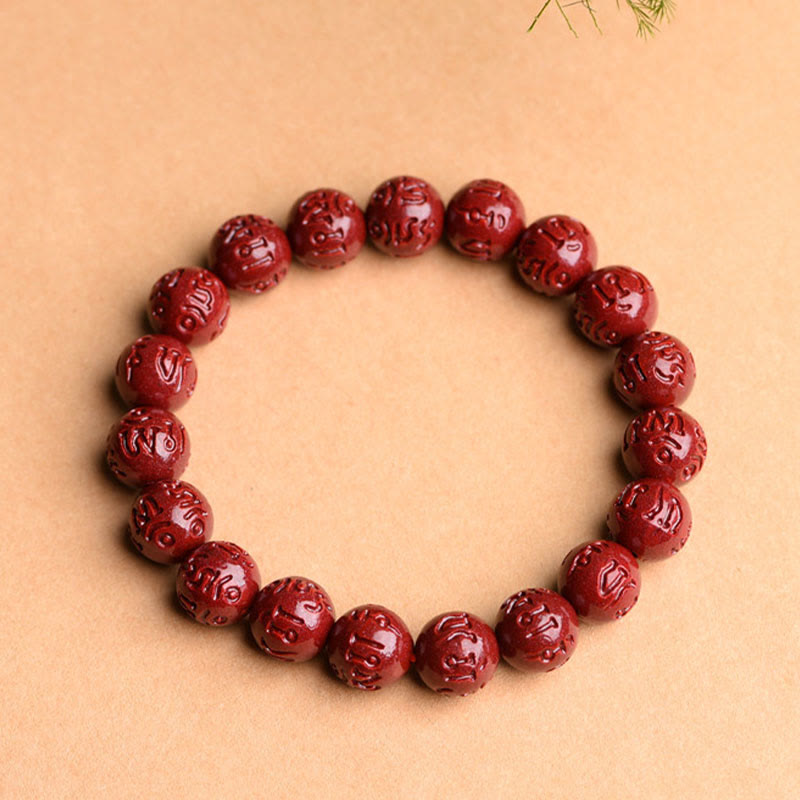 Natural Cinnabar Om Mani Padme Hum Fret Pattern Lotus Blessing Bracelet - Image 5