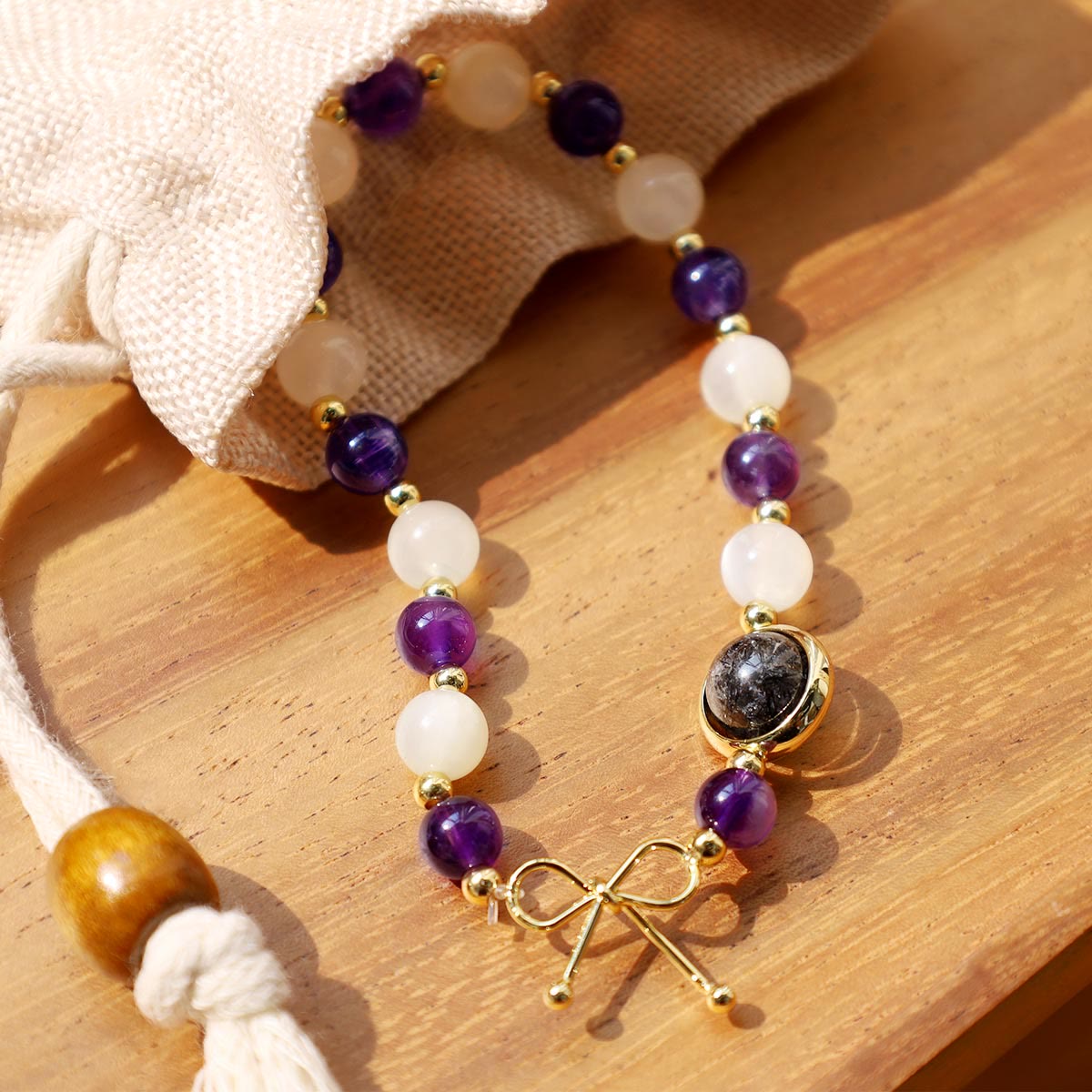 Amethyst Cat Eye Black Rutilated Quartz Spiritual Bead Bracelet - Image 3