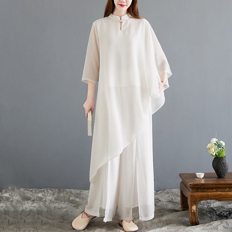 2Pcs Three Quarter Sleeve Irregular Design Shirt Wide Leg Pants Meditation Chiffon Women's Set - Image 4