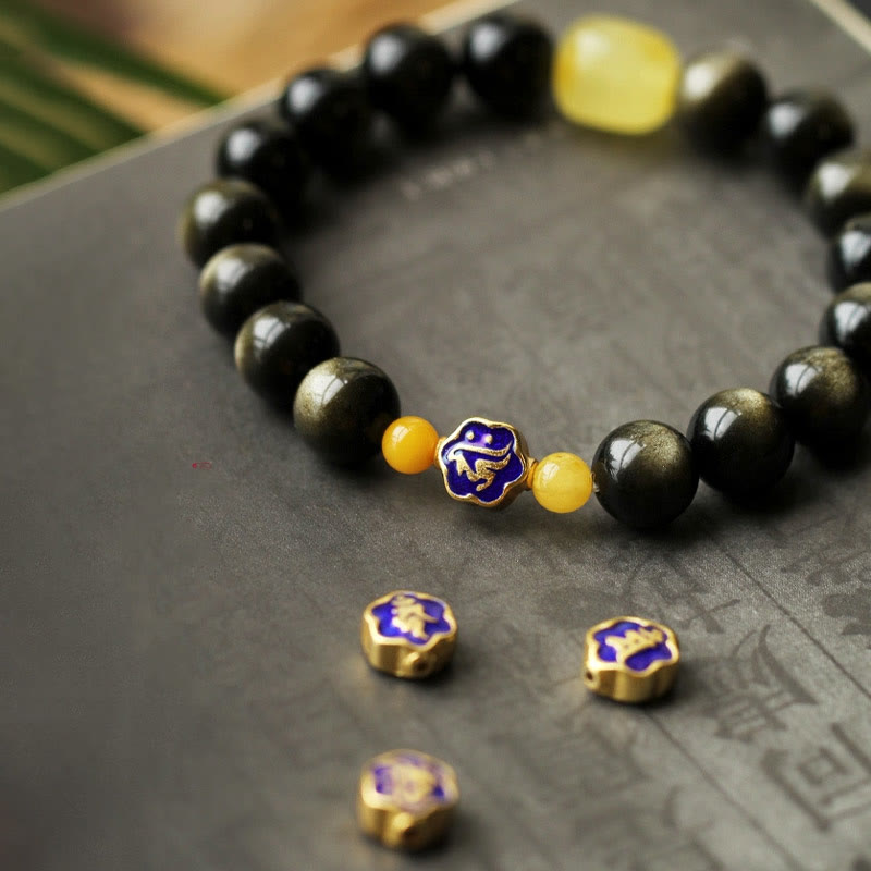 925 Sterling Silver Chinese Zodiac Natal Buddha Natural Gold Sheen Obsidian Amber Wealth Protection Bracelet - Image 13