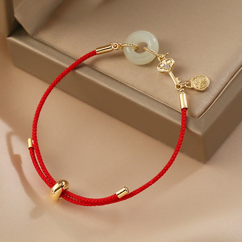 18K Gold Plated Hetian Jade Peace Buckle Fu Character Luck Red Rope Bracelet - Image 4