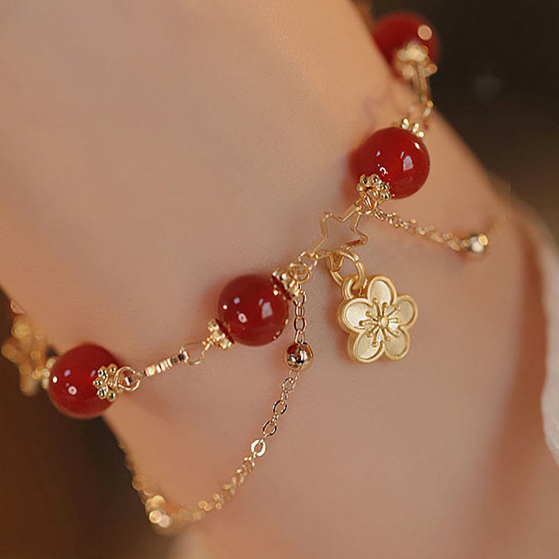 14k Gold Plated Red Agate Star Flower Charm Calm Bracelet