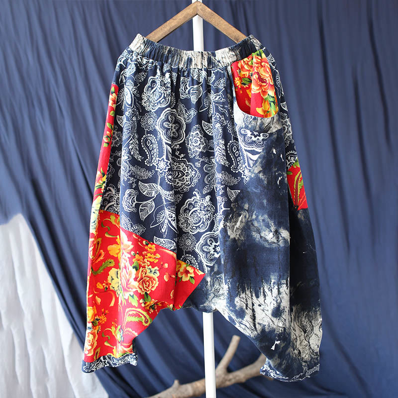 Blue Red Peony Flowers Patchwork Cotton Linen Harem Pants With Pockets - Image 7