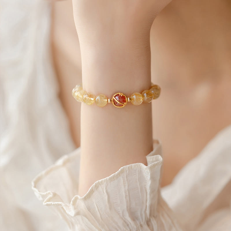 Golden Rutilated Quartz Strawberry Quartz Star Protection Bracelet - Image 3