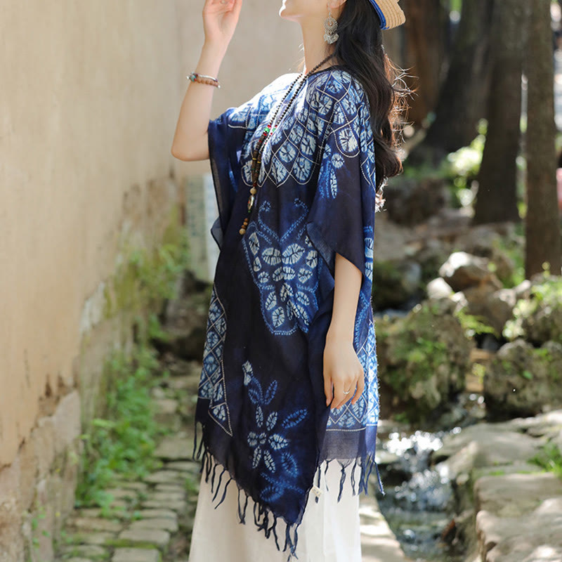 Blue Butterfly Batik Shawl Tassels Cozy Travel Pullover 90*95cm - Image 3