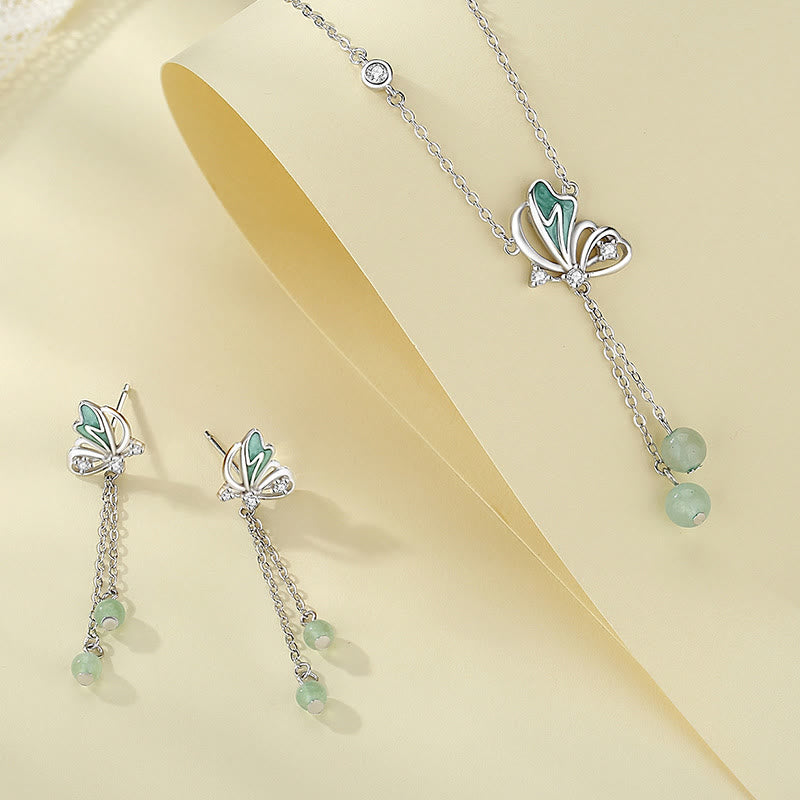 925 Sterling Silver Natural Green Aventurine Butterfly Luck Necklace Pendant Earrings Set