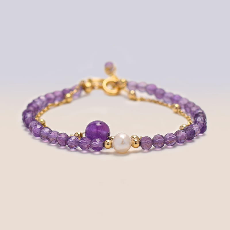 14K Gold Plated Amethyst Crystal Healing Double Layer Chain Bracelet - Image 5