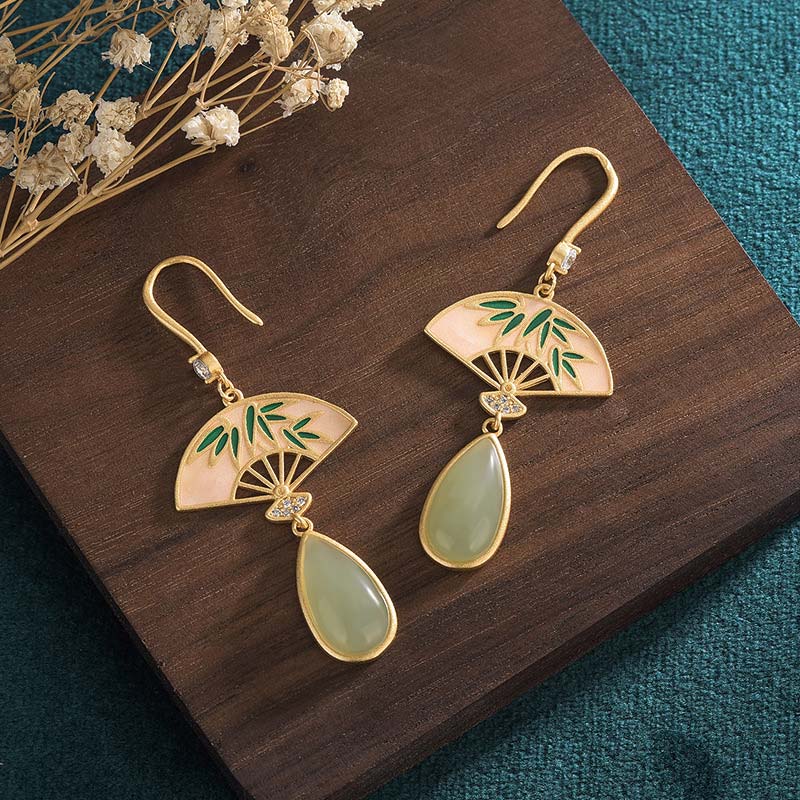 Natural Green Aventurine Fan Pattern Luck Drop Earrings - Image 3