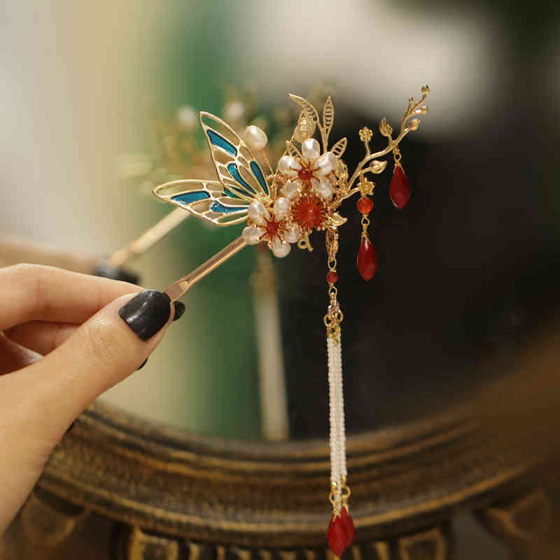 Classical Chinese Style Flower Branche Butterfly Pearl Tassel Hair Clip Hair Comb Hair Crown - Image 14