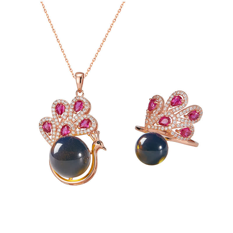 Peacock Amber Fortune Love Necklace Pendant Ring - Image 7