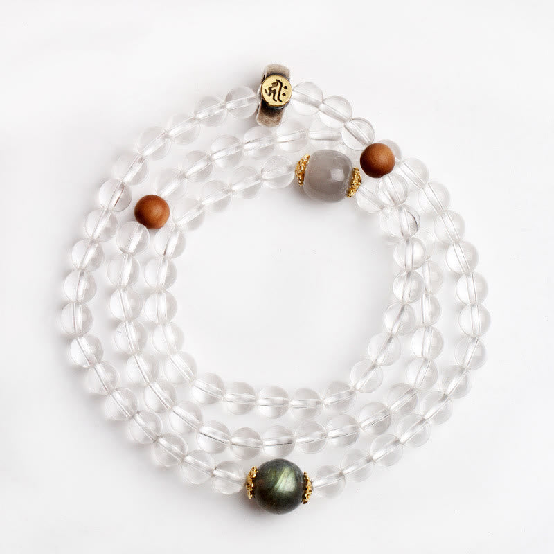 925 Sterling Silver Chinese Zodiac Natal Buddha White Crystal Meditation Triple Wrap Bracelet - Image 9