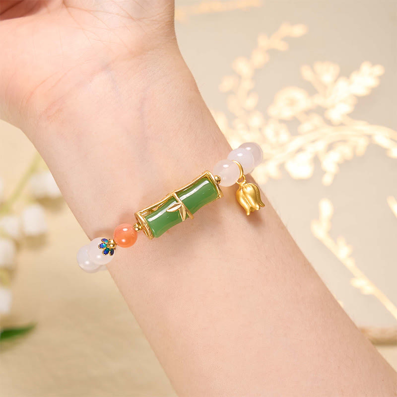 Natural White Agate Jadeite Bamboo Beads Positivity Bracelet - Image 3