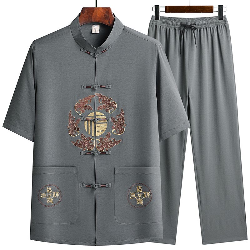 Fu Character Tang Suit Hanfu Traditional Uniform Short Sleeve Top Pants Clothing Men's Set