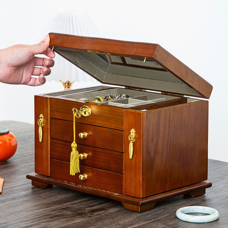 Vintage Large Capacity Wooden Jewelry Box Jewelry Storage Box With Mirror