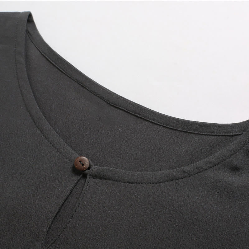 Men's Solid Color Round Neck Short Sleeve Cotton Linen Shirt - Image 7