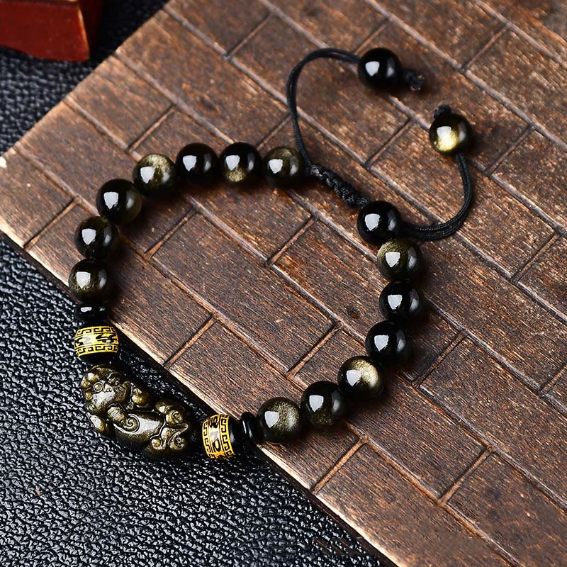 Natural Gold Sheen Obsidian PiXiu Om Mani Padme Hum Wealth Braided Bracelet - Image 4