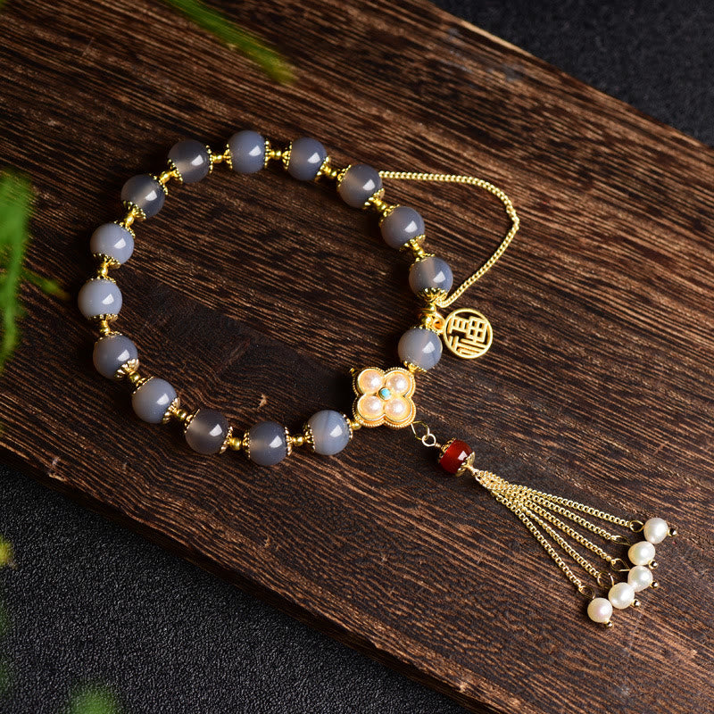 Natural Gray Agate Fu Character Pearl Tassel Balance Bracelet