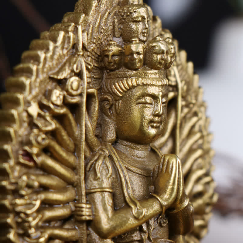 Chenrezig Thousand-handed Avalokitesvara Figurine Double-sided Kuan Yin Bodhisattva Protection Solid Copper Statue Decoration - Image 5