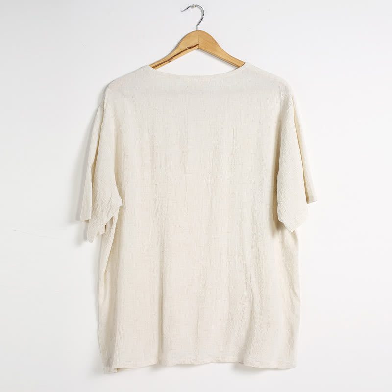 Men's Solid Color Round Neck Short Sleeve Cotton Linen Shirt - Image 25