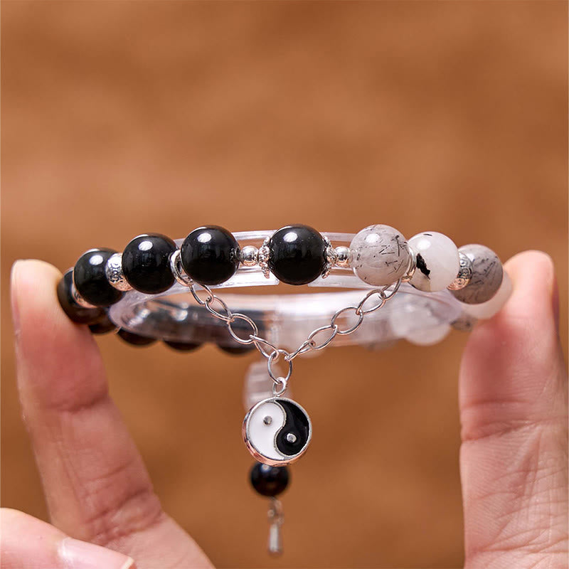 Silver Sheen Obsidian Crackle Clear Quartz Black Rutilated Quartz Yin Yang Lotus Protection Bracelet - Image 22