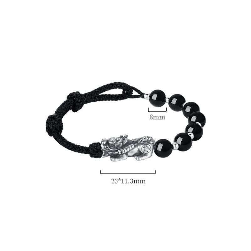 999 Sterling Silver FengShui PiXiu Natural Black Obsidian 925 Sterling Silver Bead Strength Bracelet - Image 11