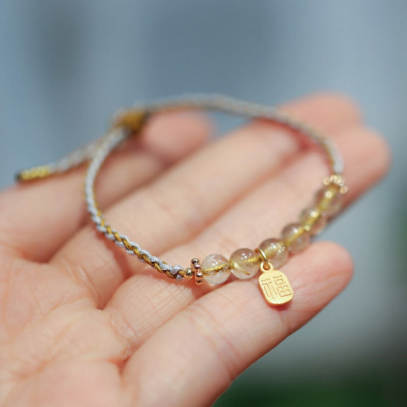 925 Sterling Silver Natural Jade Gourd Rutilated Quartz Fu Character Luck Braid Bracelet - Image 7