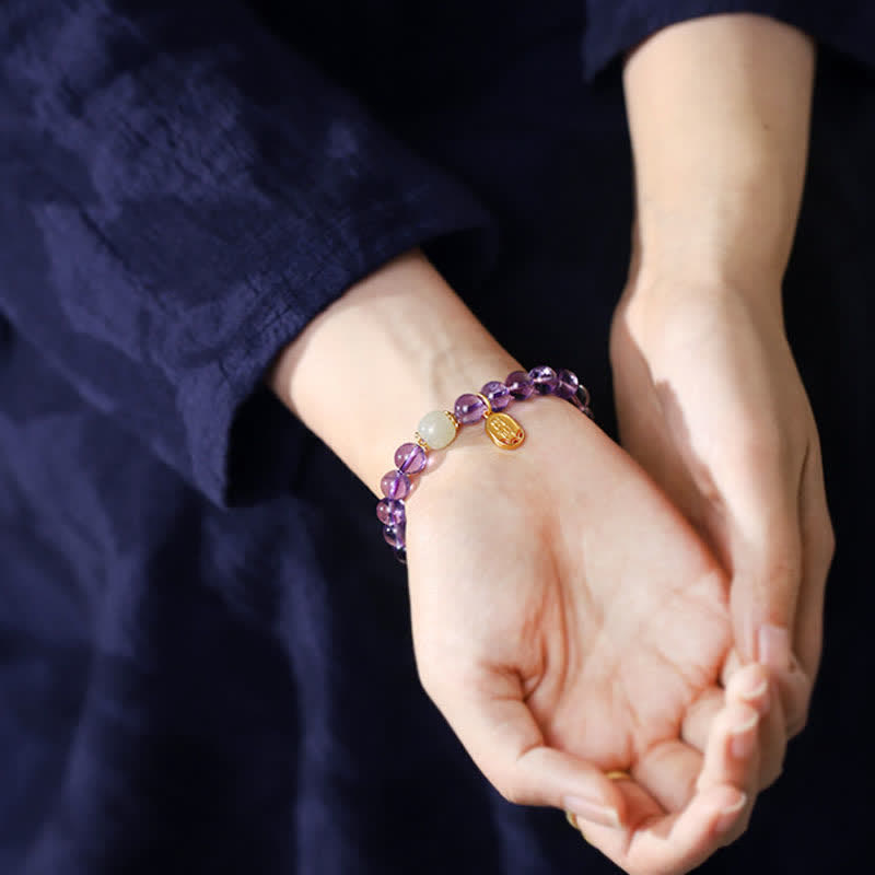 Natural Amethyst Crystal Hetian Jade Healing Charm Bracelet - Image 3