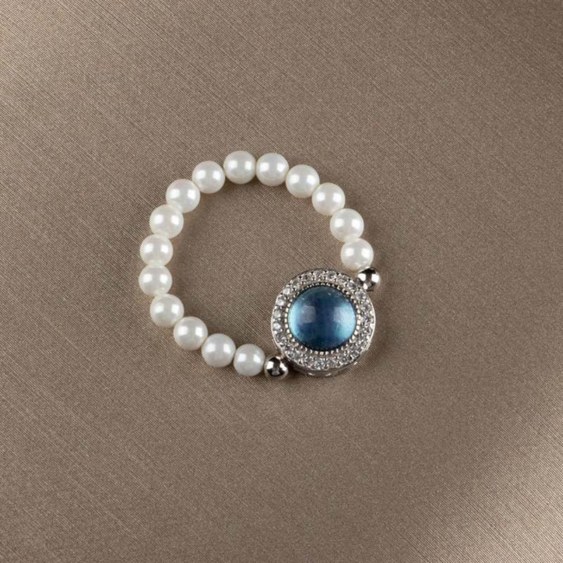 925 Sterling Silver Pearl Blue Chalcedony Healing Chain Bracelet Ring - Image 7