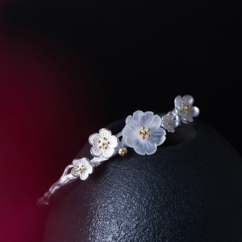 925 Sterling Silver Plum Flower Blessing Bracelet Adjustable Bangle - Image 4