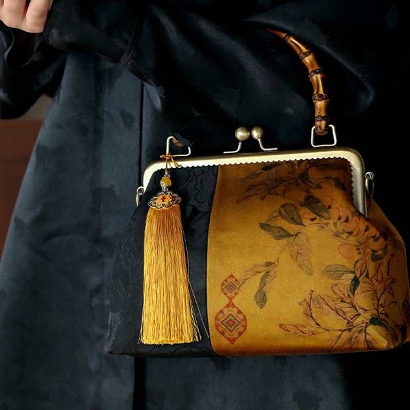 Leaves Bird Branches Persimmon Flowers Bamboo Handles Handbag - Image 10