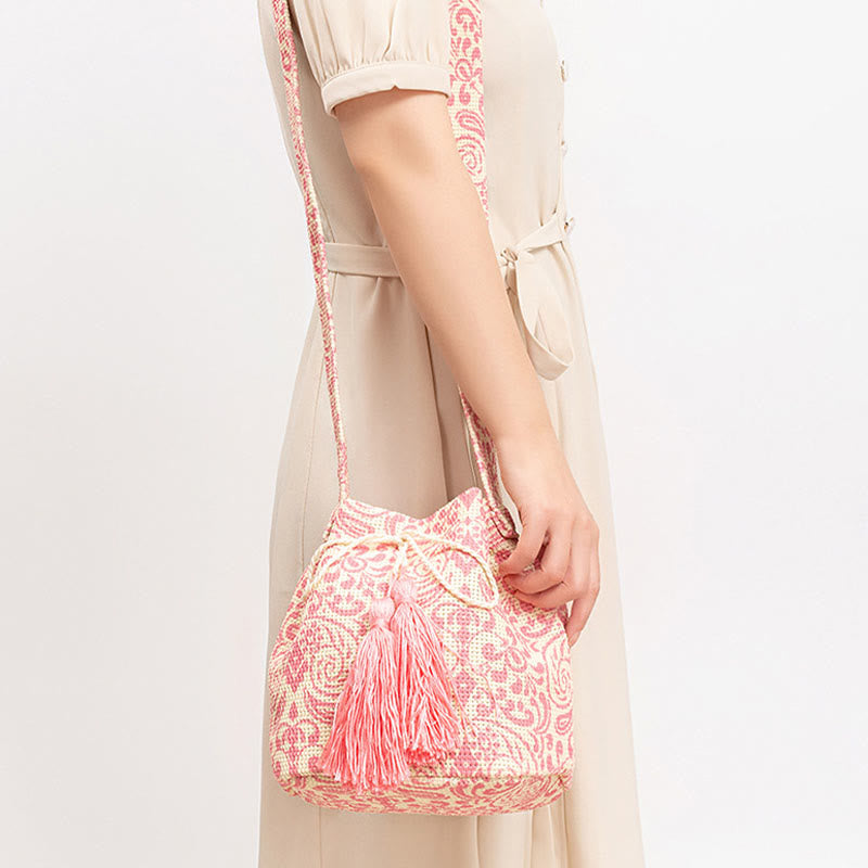 Colorful Geometry Flowers Print Canvas Bucket Crossbody Bag Shoulder Bag - Image 27