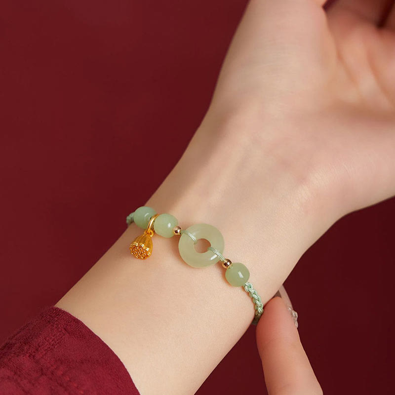 Round Peace Buckle Jade Lotus Happiness Abundance Wealth String Bracelet - Image 12