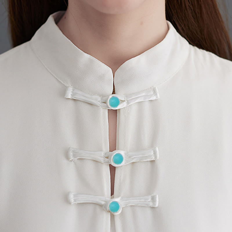 2Pcs Frog-Button Long Sleeve Midi Dress Wide Leg Pants Chiffon Zen Women's Set - Image 10