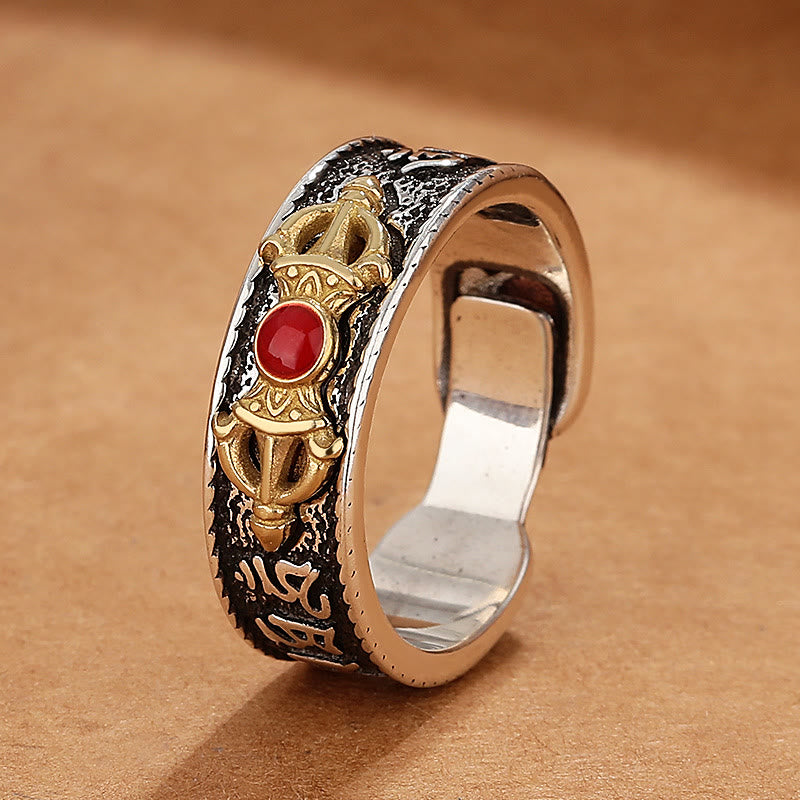 Tibetan Om Mani Padme Hum Red Agate Dorje Vajra Design Wisdom Ring